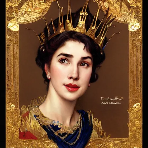 Image similar to left side portrait of a young queen with a golden crown, head only, headshot, royalty, surrounded by gold leaves by Stanley Artgerm Lau , greg rutkowski, thomas kindkade, alphonse mucha, loish, norman rockwell, J. C. Leyendecker. dark brown hair, mouth slightly open, thorn frame. D&D, fantasy. Trending on artstation rule of thirds extremely detailed render, extremely realistic, detailed lighting, octane hd 4k