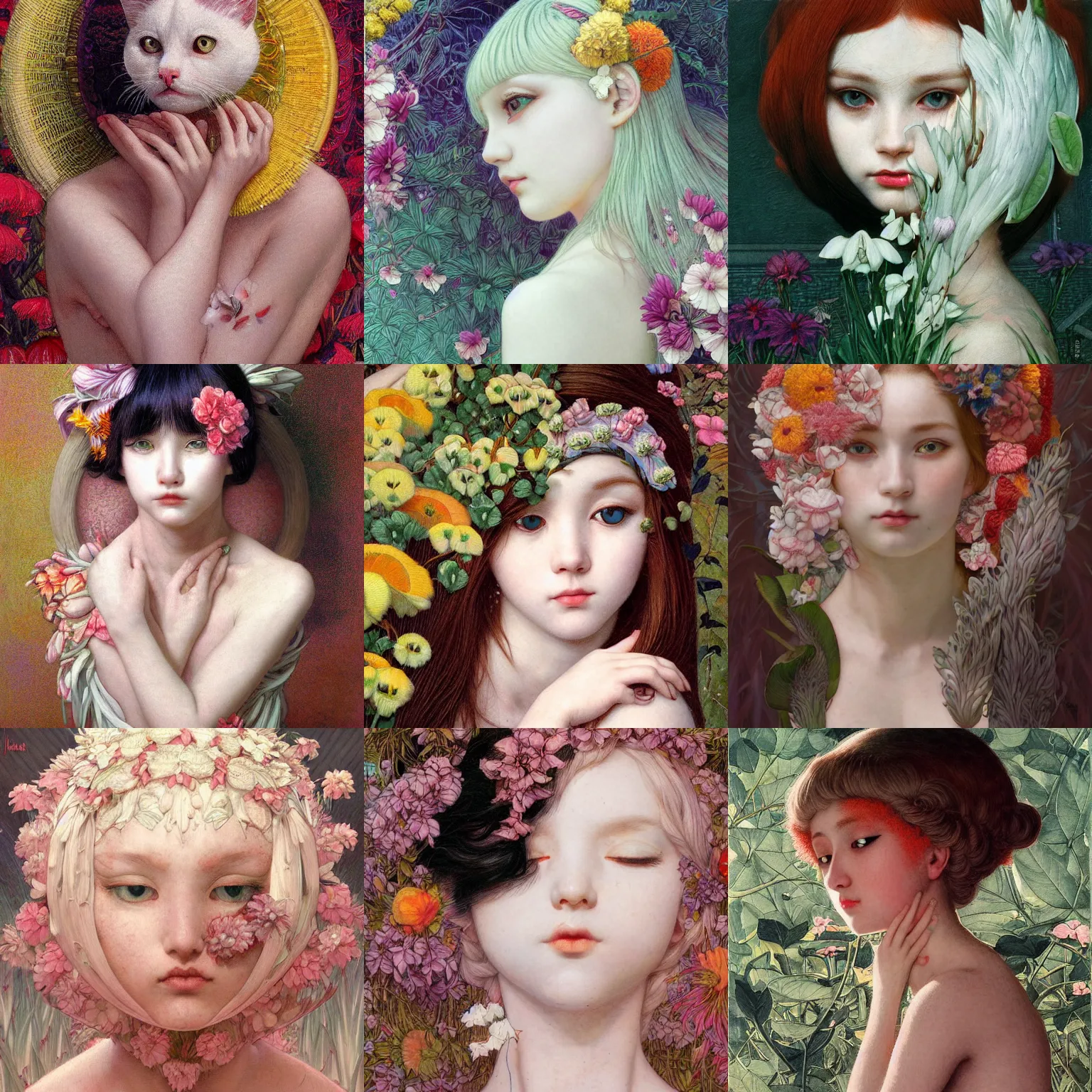 Image similar to white cat girl, botanical, portrait face, colorful, frantisek kupka, intricate, miles johnston, kuroda seiki, cynical realism, ozabu, john william godward, painterly, yoshitaka amano, moebius, miles johnston, louise zhang, james jean, mark ryden lowbrow pop surrealism art style