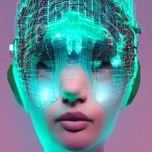 Image similar to swimming through a pile of modular synth cables, empathy machines, to see a kawaii puerto rican goddess staring through the mothership of your souls, wearing a headpiece made of circuit boards, by alastair reynolds and stanley kubrick, pink, trending on artstation, cinematic, 3 d render, photorealistic