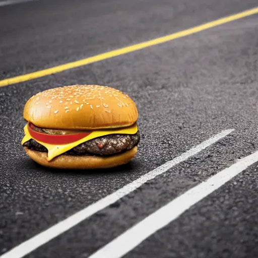 Image similar to a cheeseburger crossing the street