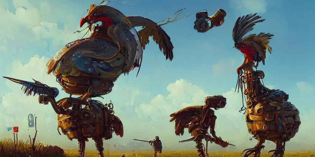 Image similar to a beautiful oil painting with brushstrokes, of an ominous steampunk chicken wearing full body armor and carrying a large scythe, by simon stalenhag, by pascal blanche, by james gurney and beeple. color scheme john berkey.