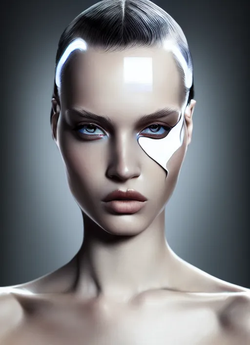Prompt: a fierce nubile young woman with reflections in her eyes and slicked hair, painted with white paint, clear skin, futuristic, elegant, graceful, fashionable, cinematic, hyperdetailed illustration by irakli nadar and alexandre ferra, depth of field, global illumination,