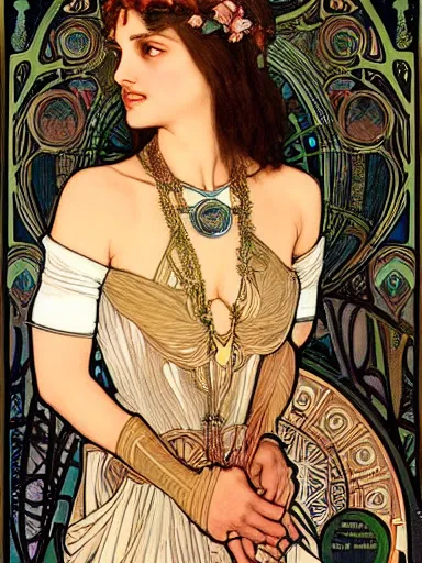 Image similar to a beautiful painting of natalie portman by Alphonse Mucha and by yoshitaka Amano and by Mark Brooks and by john william waterhouse and by arthur rackham, Art Nouveau, Neo-Gothic, gothic, award winning painting, hyperdetailed, detailed