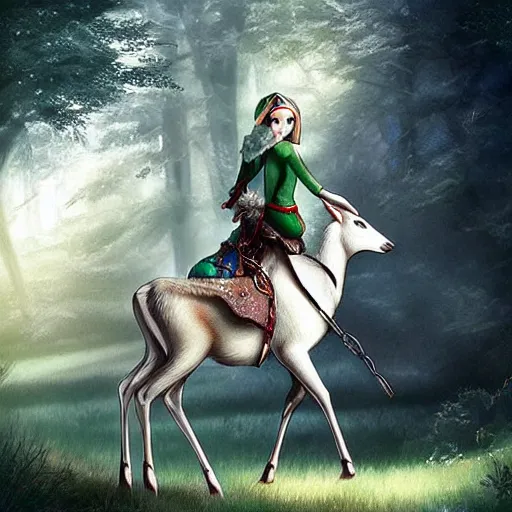 Prompt: “ beautiful elf riding white deer in a forest, digital art, artstation ”