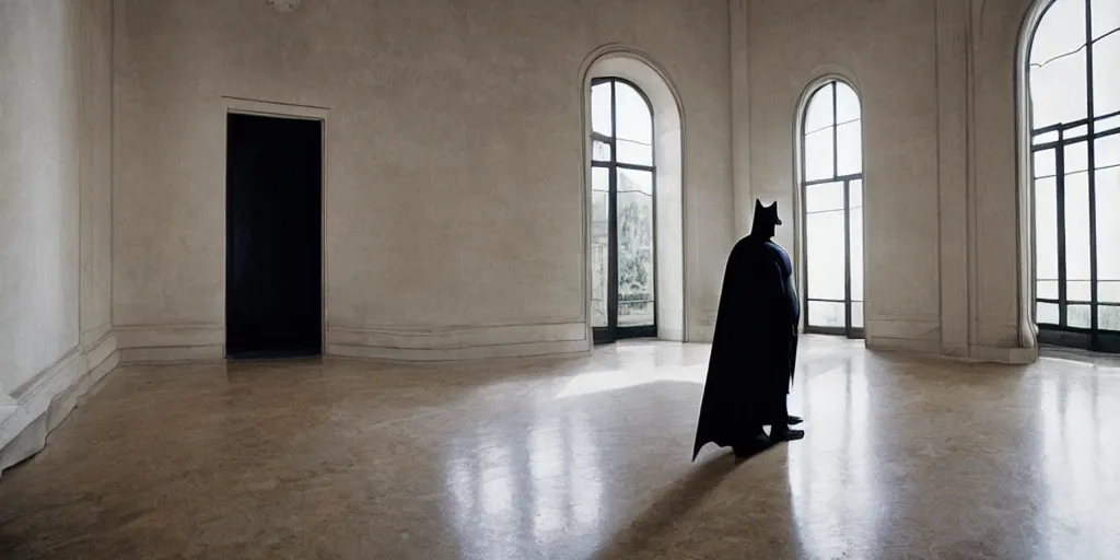 Image similar to Batman standing in giant Italian modern castle living room, clean minimalist design, that is 1300 feet tall, with very tall giant walls filled with modern art paintings, doors that are cosmic portals, photo by Annie Leibovitz