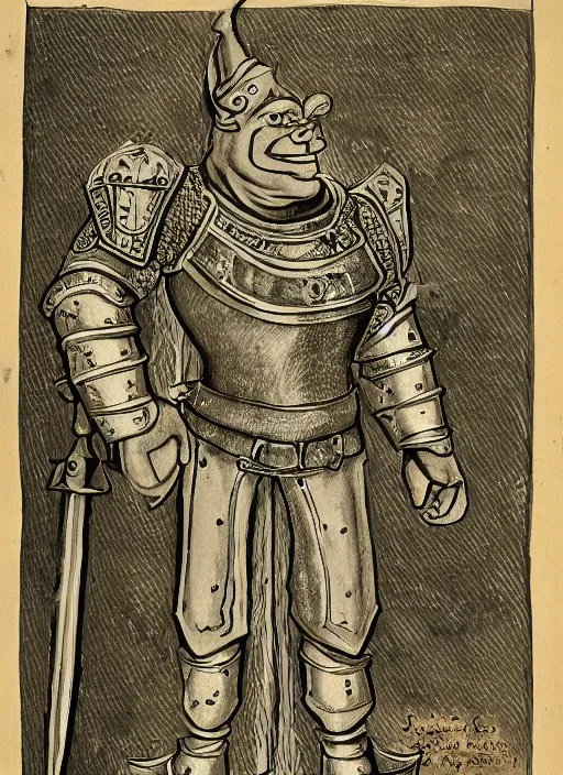 Image similar to medival scroll illustration of a Shrek in armour from Shrek the movie, fine detail, copperplate