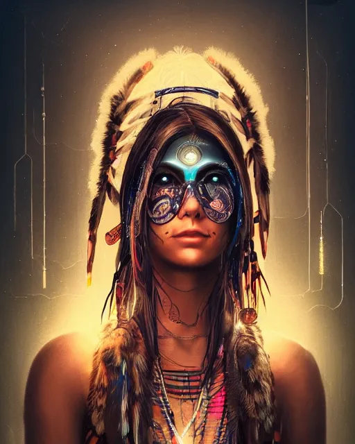 Prompt: Beautiful art portrait of a cyberpunk native american female owl shaman in a city at night, cyberpunk aesthetic, atmospheric lighting, intricate detail, cgsociety, hyperrealistic, octane render, RPG portrait, ambient light, dynamic lighting,