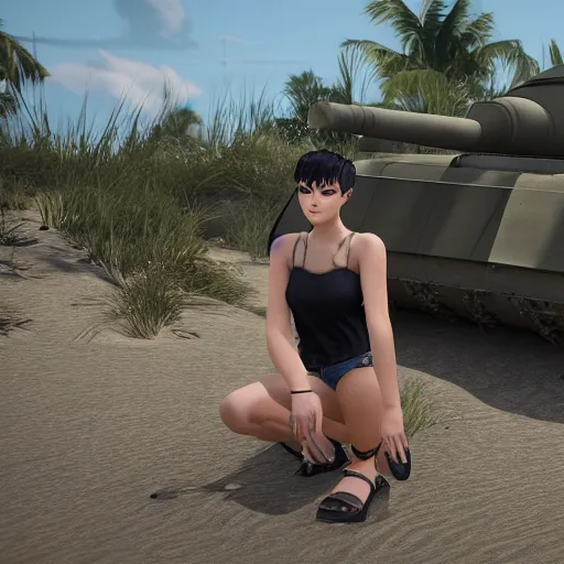 Prompt: fit 2 0 year old women with short black spiky hair wearing a short crop top and tiny shorts sitting ontop of a ww 2 tank on a sandy beach with a destroyed city behind her, unreal 5 engine, 4 k, ultra hd, vivid