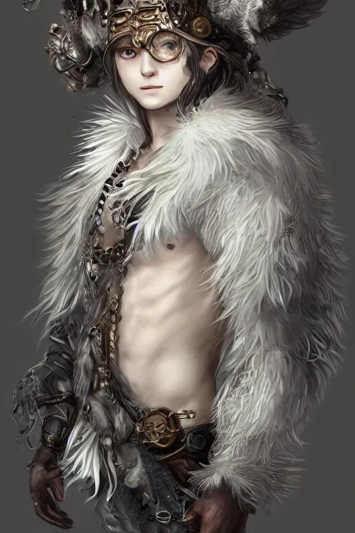Image similar to beautiful full body portrait of a human - fluff hybrid male wizard, scaley!! white feathery skin, wearing ornaments and rings, by wlop and artgerm, steampunk fiction, detailed deep black eyes, silver background, trending, on artstation.