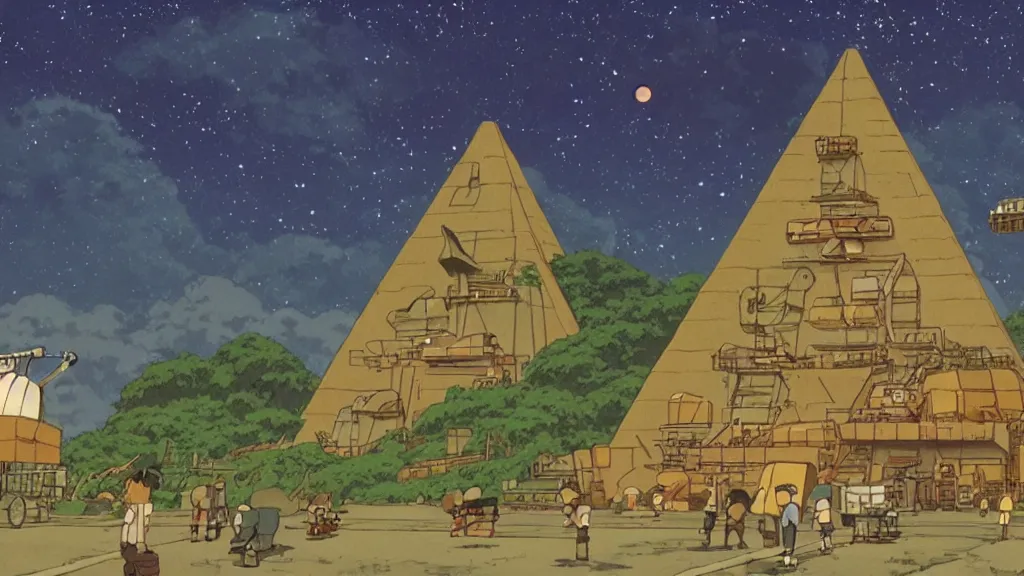 Prompt: a movie still from a studio ghibli film showing a huge industrial mining facility. a pyramid is under construction in the background, in the rainforest on a misty and starry night. a ufo is in the sky. by studio ghibli