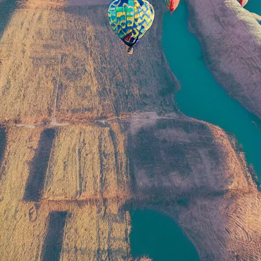 Image similar to smiling hippy squints into the sunlight horizon, hot air balloon ride, flying camp, camp gear, hippy belongings, a old guitar, cozy place, flying high, aerial view, gradient aperture