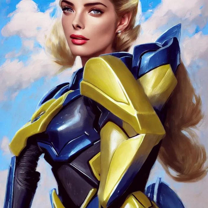 Image similar to A combination of Adriana Dxim's and Grace Kelly's and Ashley Greene's appearances with blonde hair wearing Interceptor's armor from Anthem, countryside, calm, fantasy character portrait, dynamic pose, above view, sunny day, thunder clouds in the sky, artwork by Jeremy Lipkin and Giuseppe Dangelico Pino and Michael Garmash and Rob Rey and Greg Manchess and Huang Guangjian, very coherent asymmetrical artwork, sharp edges, perfect face, simple form, 100mm