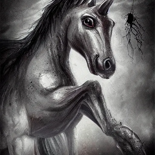 Image similar to horrifying horse, eldritch, apocalypse, creepy creature, nightmare like dream horror spooky