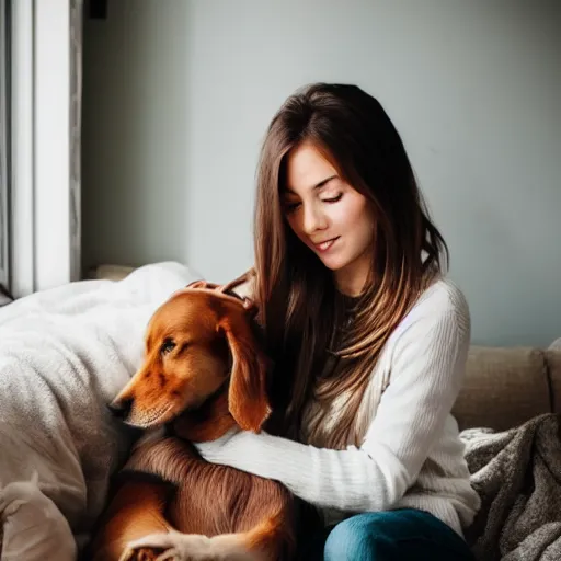 Image similar to a photo of a beautiful girl with a cute dog on her lap in a cozy living room