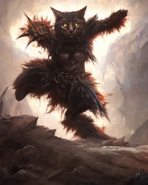 Image similar to oil painting of Angry Anthropomorphized Cat Berserker, wearing fur armor, claws, sharp focus, attack pose, fantasy style, octane render, volumetric lighting, 8k high definition, by greg rutkowski, highly detailed, trending on art Station, magic the gathering artwork, burning Battlefield background, centered