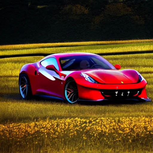 Image similar to cinematic fast sportscar reminiscent of ferrari and porsche in a lush field, shiny, red, beautiful lighting, photorealistic, sharp, sunset, by scott robertson