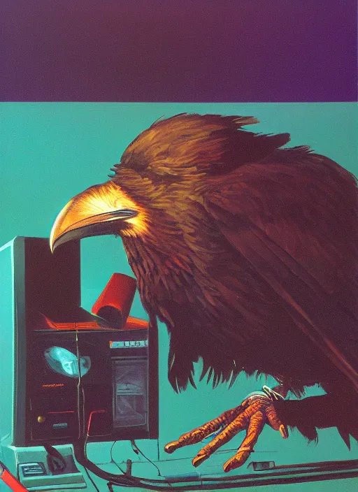 Image similar to a raven digging through 8 0 s era technology, vintage shapes, retro technology, happy color, wayne barlow, oil on canvas, deep depth of field, masterpiece, cinematic composition, hyperdetailed