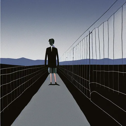 Image similar to a matte painting of a a man standing in front of a wire fence by emiliano ponzi, james gilleard, george ault, david hockney, minimalist, bauhaus, retrofuturism, postminimalism, concept art, matte background, matte drawing, magical realism