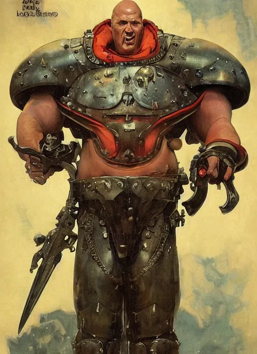 Image similar to 5 0 s pulp scifi fantasy illustration full body portrait martyn ford as huge armoured giant by norman rockwell, roberto ferri, daniel gerhartz, edd cartier, jack kirby, howard v brown, ruan jia, tom lovell, frank r paul, jacob collins, dean cornwell, astounding stories, amazing, fantasy, other worlds