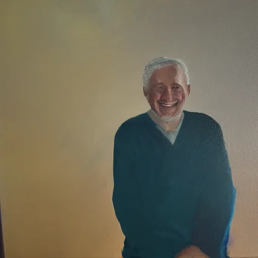 Image similar to painting of a smiling old man with dramatic lighting