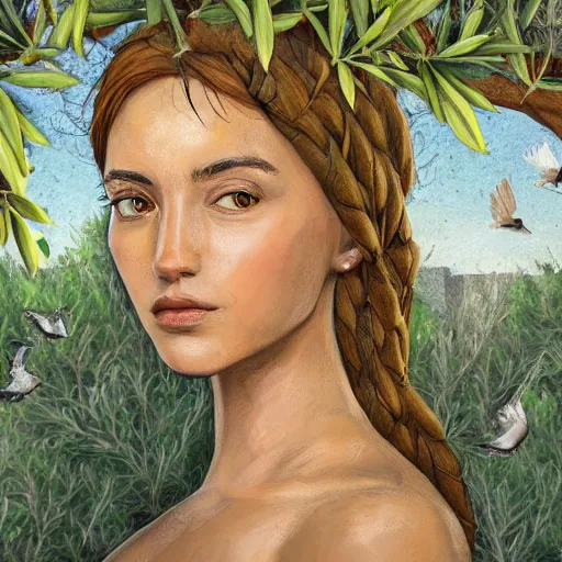 Image similar to portrait of ancient young beautiful woman on earth between olive trees and doves of peace in primeval waters, dynamic lighting, cinematic, establishing shot, extremely high detail, photo realistic, cinematic lighting, oil painting, intricate line drawings