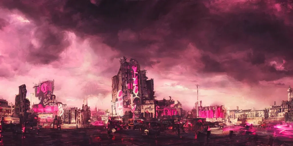 Image similar to oil painting, pink, rich deep colors masterpiece, punks, neon, ultra detailed, contrast, heaven pink, lots of roman arches, punk rock with mohawks, clouds, sky, volumetric light, atmospheric lighting, dramatic, cinematic, steampunk, moody, octane render 4 k, 8 k