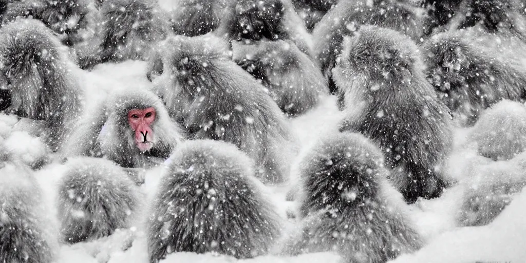 Image similar to scenic mountain setting, snow monkeys gather at the natural spa, highly detailed, snow flurry, cold, steamy, desaturated, inquisitive, striking, contemplative, watercolor, dry brush