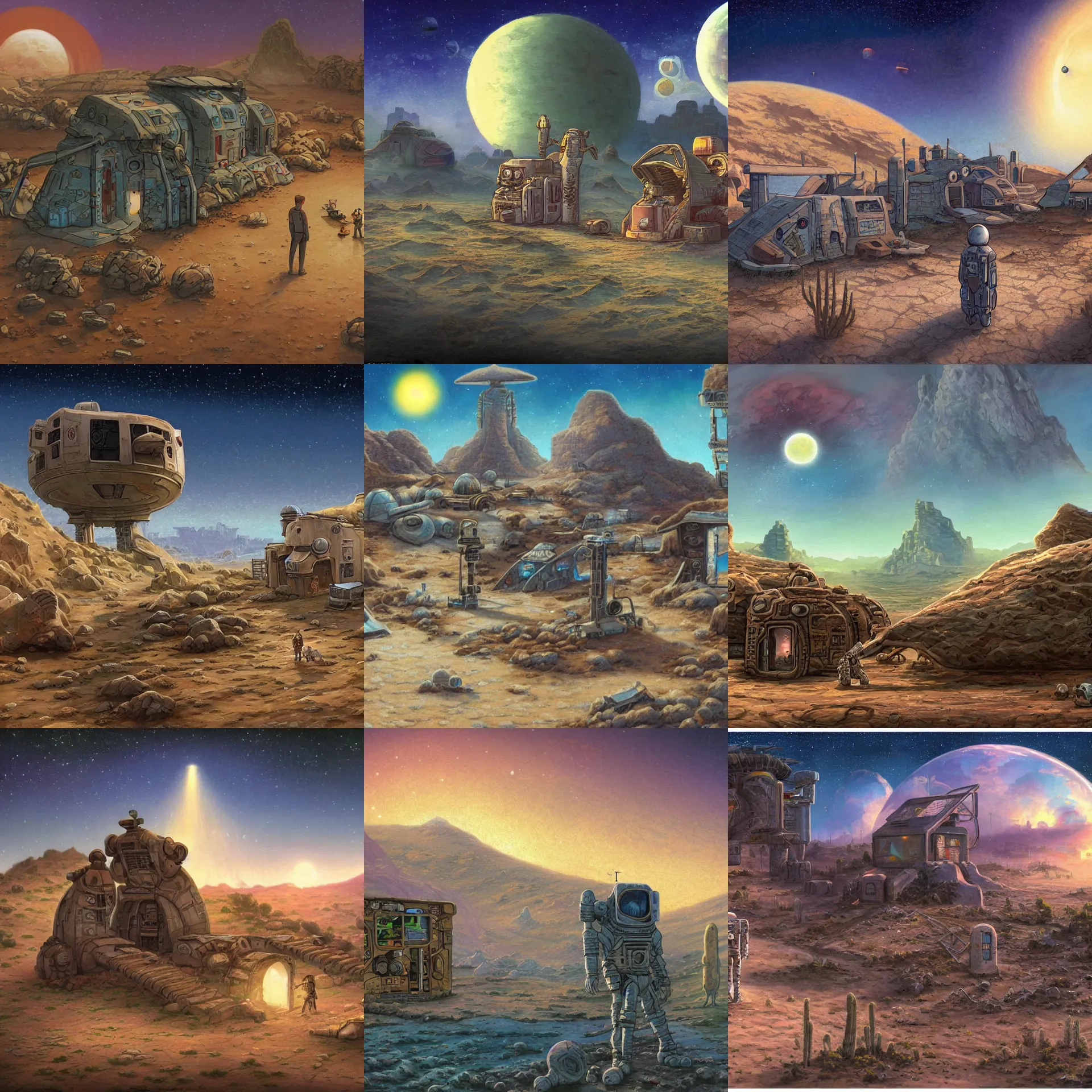 Prompt: in front of the remains of an abandoned human outpost, on a desert planet, from a space themed point and click 2 d graphic adventure game, art inspired by thomas kinkade