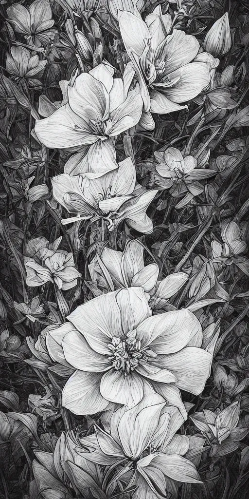 Image similar to highly detailed beautiful photography of flower, sharp focus, dramatic, dynamic lighting, elegant, harmony, beauty, masterpiece, by durero, by moebius, by josan gonzalez, pencil draw