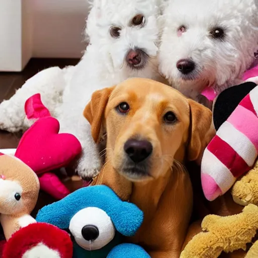 Image similar to dogs surrounded by cuddly toys and love hearts