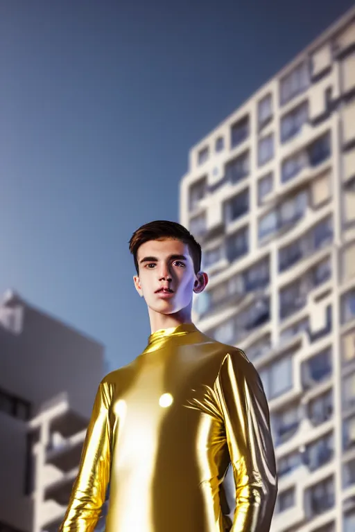 Image similar to un ultra high definition studio quality photographic art portrait of a young man standing on the rooftop of a british apartment building wearing soft baggy inflatable padded iridescent pearlescent suit. three point light. extremely detailed. golden ratio, ray tracing, volumetric light, shallow depth of field. set dressed.