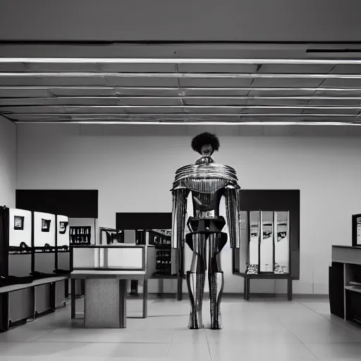 Image similar to a paladin wearing issey miyake armor in a computer shop, portrait, fashion photography, by mario testino, davide sorrenti, jemal shabazz