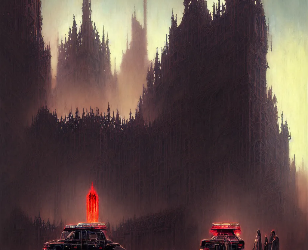 Image similar to detailed portrait, intricate complexity, by greg rutkowski, ross tran, conrad roset, takato yomamoto, ilya kuvshinov huge gothic crematorium on desert planet, elevator, side ramp entrance ambulance dead bodies, guards intricate, painting by lucian freud and mark brooks, bruce pennington, dark colors, neon, death, guards, nice style smoke