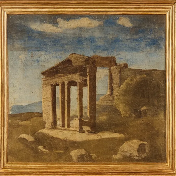 Image similar to a building in a serene landscape, ancient roman painting