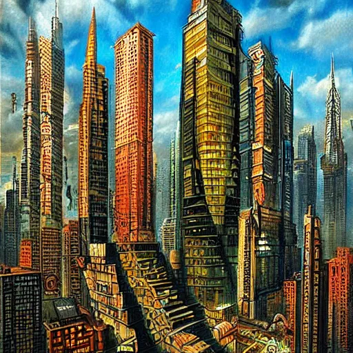 Image similar to a stone age cyberpunk cityscape by vladimir tretchikoff