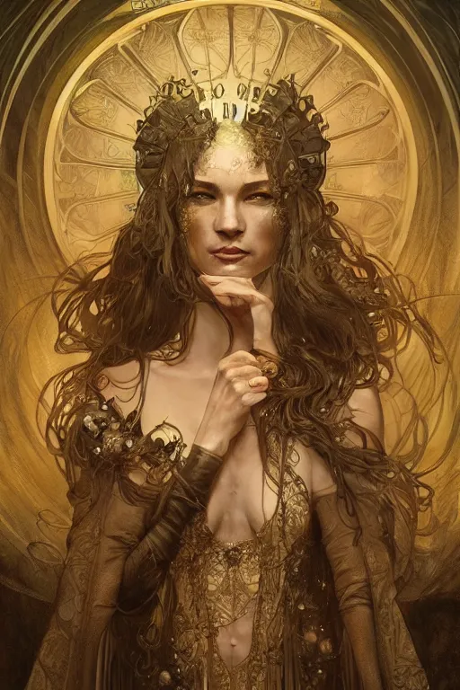 Prompt: tarot card, high priestess, intricate, elegant, highly detailed, concept art, sharp focus, beautiful face!!, digital art, smooth defined outlines!!, by Bastien Deharme, Brom, trending on Artstation, Alphonse Mucha