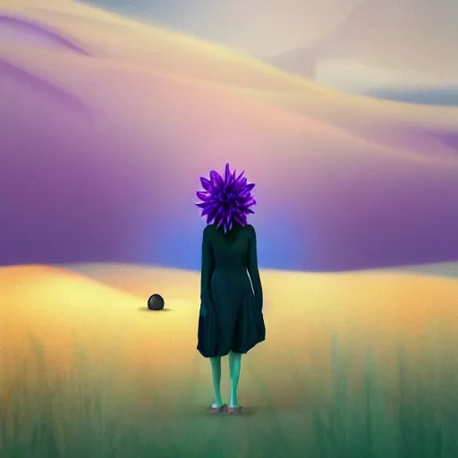 Image similar to portrait, giant purple dahlia flower head, woman between dunes, surreal photography, sunrise, blue sky, dramatic light, impressionist painting, digital painting, artstation, simon stalenhag