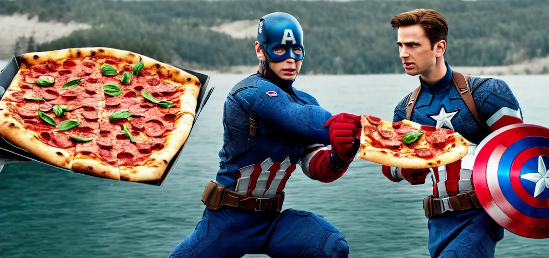 Image similar to a very high resolution image from a new movie. captain america eating pizza on a lake, photorealistic, photography, directed by wes anderson