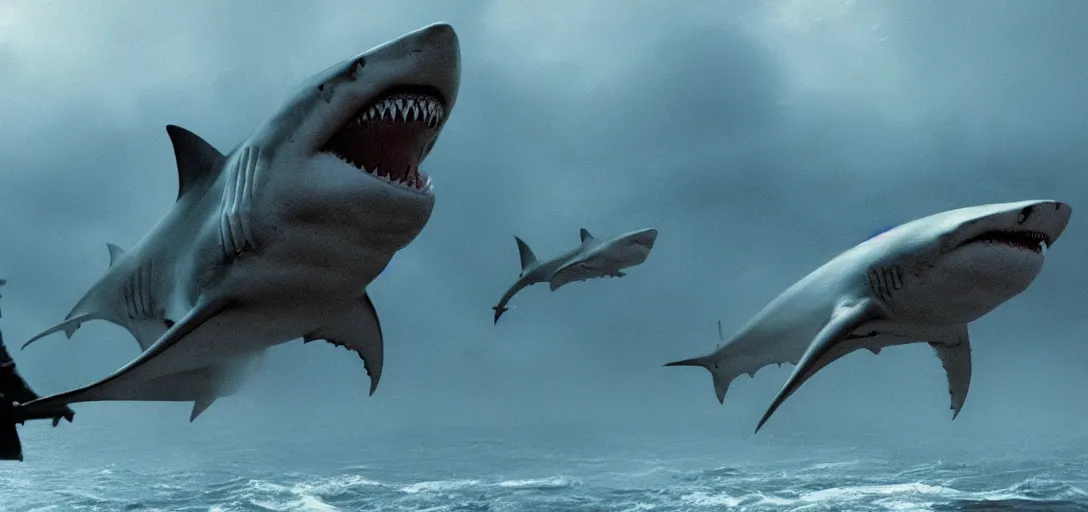 Prompt: a storm of sharks, foggy, cinematic shot, photo still from movie by denis villeneuve, wayne barlowe