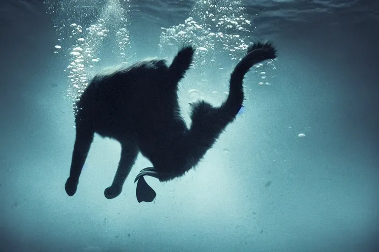 Image similar to a cat dressed as a scuba diver swimming underwater, photo-realistic low lighting, creepy, vast, shot by a camera,