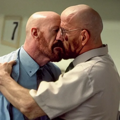 Prompt: mike ehrmantraut kissing walter white