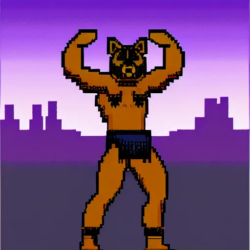 Prompt: full body portrait. 8 bit nes graphics. antropomorphic muscular masculine wolf. kickboxer fighter, in shorts. wolf head. furr on body. at night. postapocalyptic city on background, violet sky