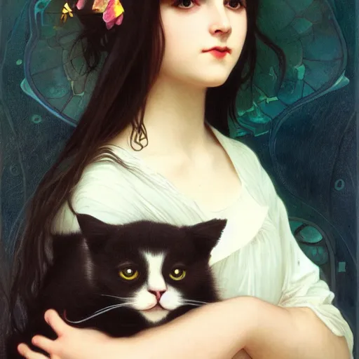 Prompt: baby - face goth girl with long dark hair parted sideways thick eyebrows and dark eyes, she is holding a cat in her arms, by juan villafuerte, greg rutkowski and alphonse mucha, pexels contest winner, high quality photo, rtx, hd