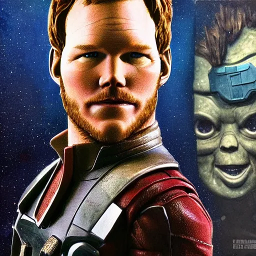 Prompt: the actor chris pratt as star lord posing together with the doll chucky from the movie child's play, inside a starship, oil painting, by greg rutkowski