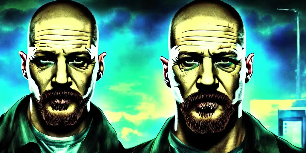 Image similar to Tom Hardy as Breaking Bad, cyberpunk art style, 4K quality