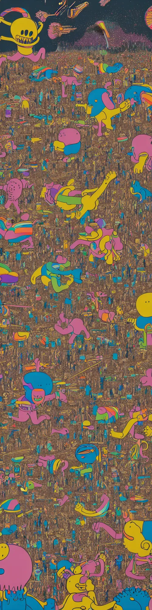 Image similar to epic mural of grizzly bear skeletons dancing, rainbow tubing, hieronymus bosch, victor moscoso, owsley, r crumb, clean outlines, shusei nagaoka, kaws, james jean, octane render