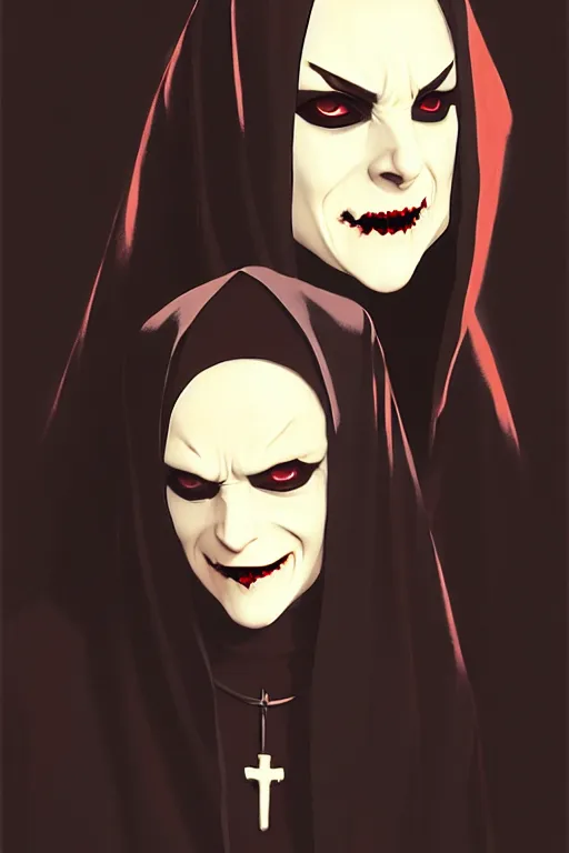 Image similar to single scary female vampire nun, evil grin, nun outfit, portrait size, photoshoot, powerful, super detailed and intricate, by koson ohara, by darwyn cooke, by greg rutkowski, by satoshi kon