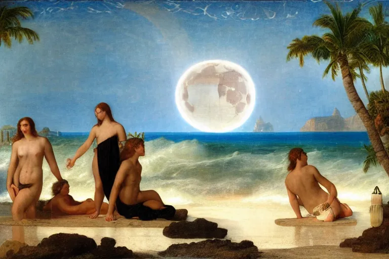 Image similar to The beach arch, refracted moon on the ocean, thunderstorm, greek pool, beach and Tropical vegetation on the background major arcana sky and occult symbols, by paul delaroche, hyperrealistic 4k uhd, award-winning, very detailed paradise