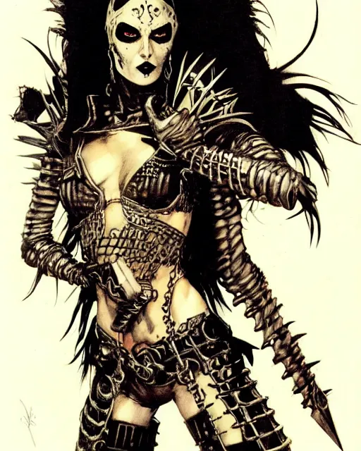 Prompt: portrait of a skinny punk goth sorceress wearing armor by simon bisley, john blance, frank frazetta, fantasy