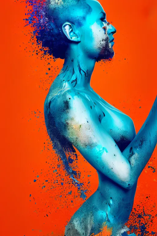 Image similar to a award winning half body portrait of a beautiful woman in a croptop and cargo pants with ombre orange blue teal hairstyle with head in motion and hair flying, paint splashes, splatter, outrun, vaporware, shaded flat illustration, digital art, trending on artstation, highly detailed, fine detail, intricate
